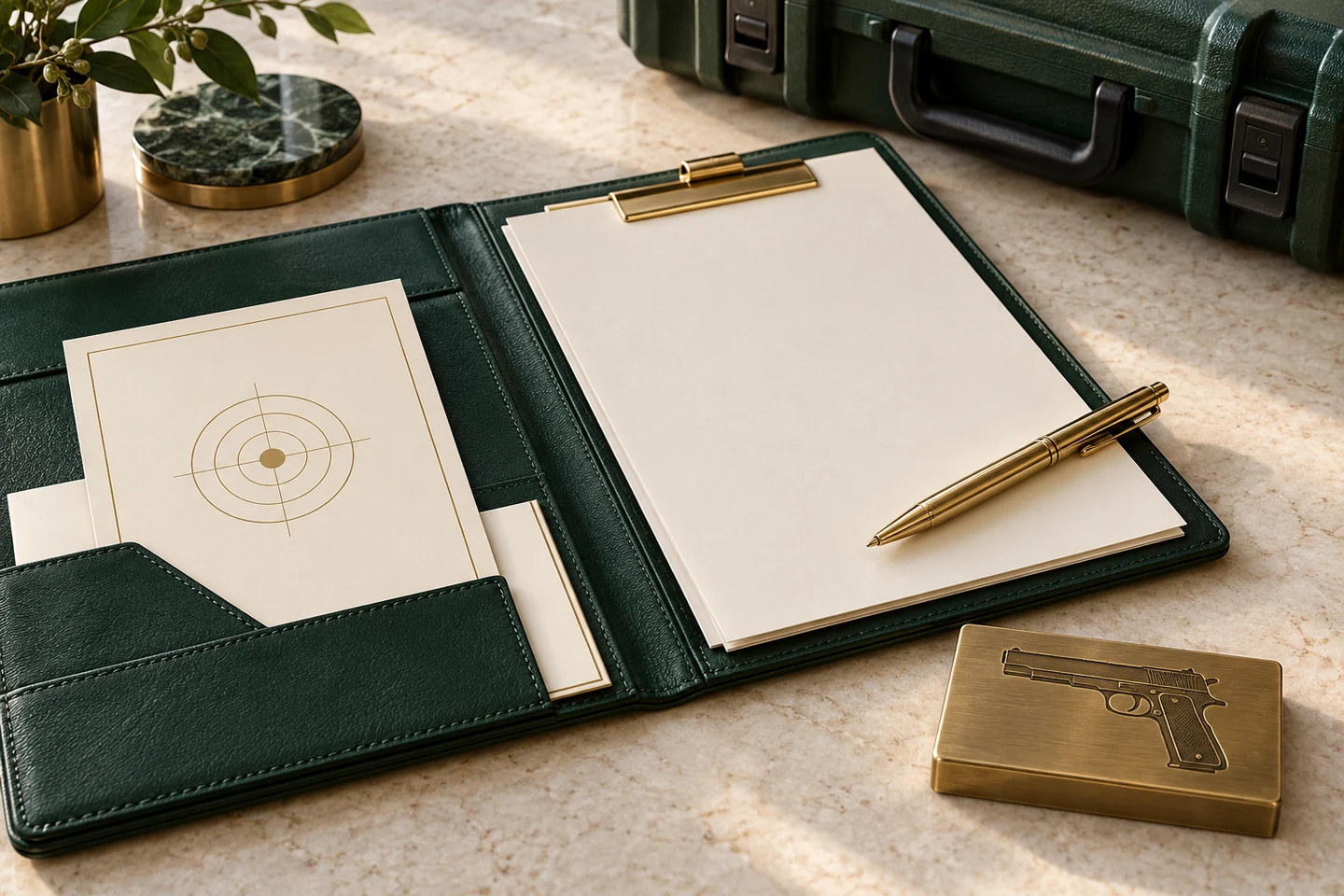 Dokumenty w zielonej teczce i motyw pozwolenia na broń — zdjęcie ilustracyjne